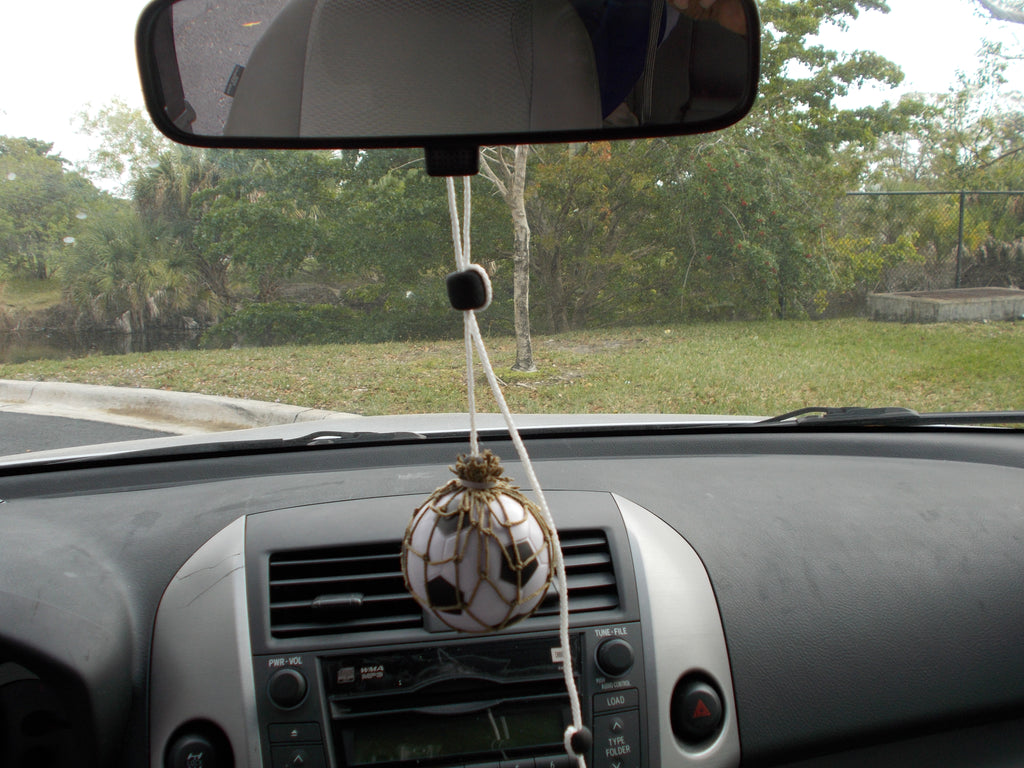 Miniature Soccer ball (21/2-3") with net to be displayed on a vehicle's rear view mirror.