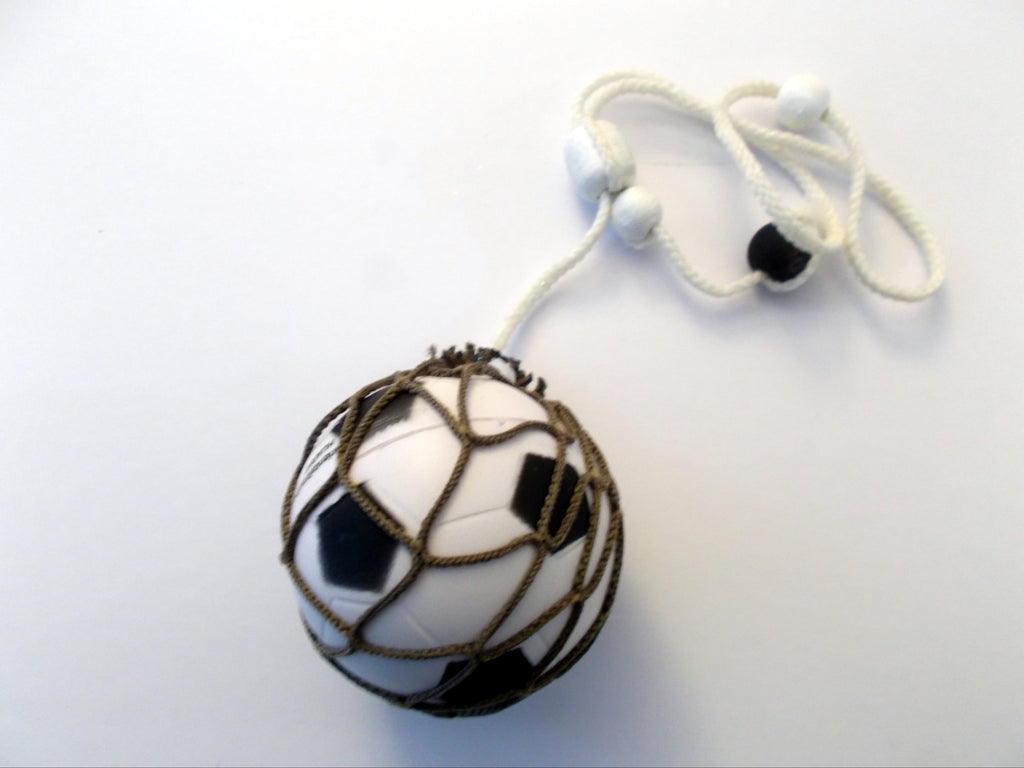 Miniature soccer ball with net and cord to hang on the rear view inside of a vehicle to display sporting preference.